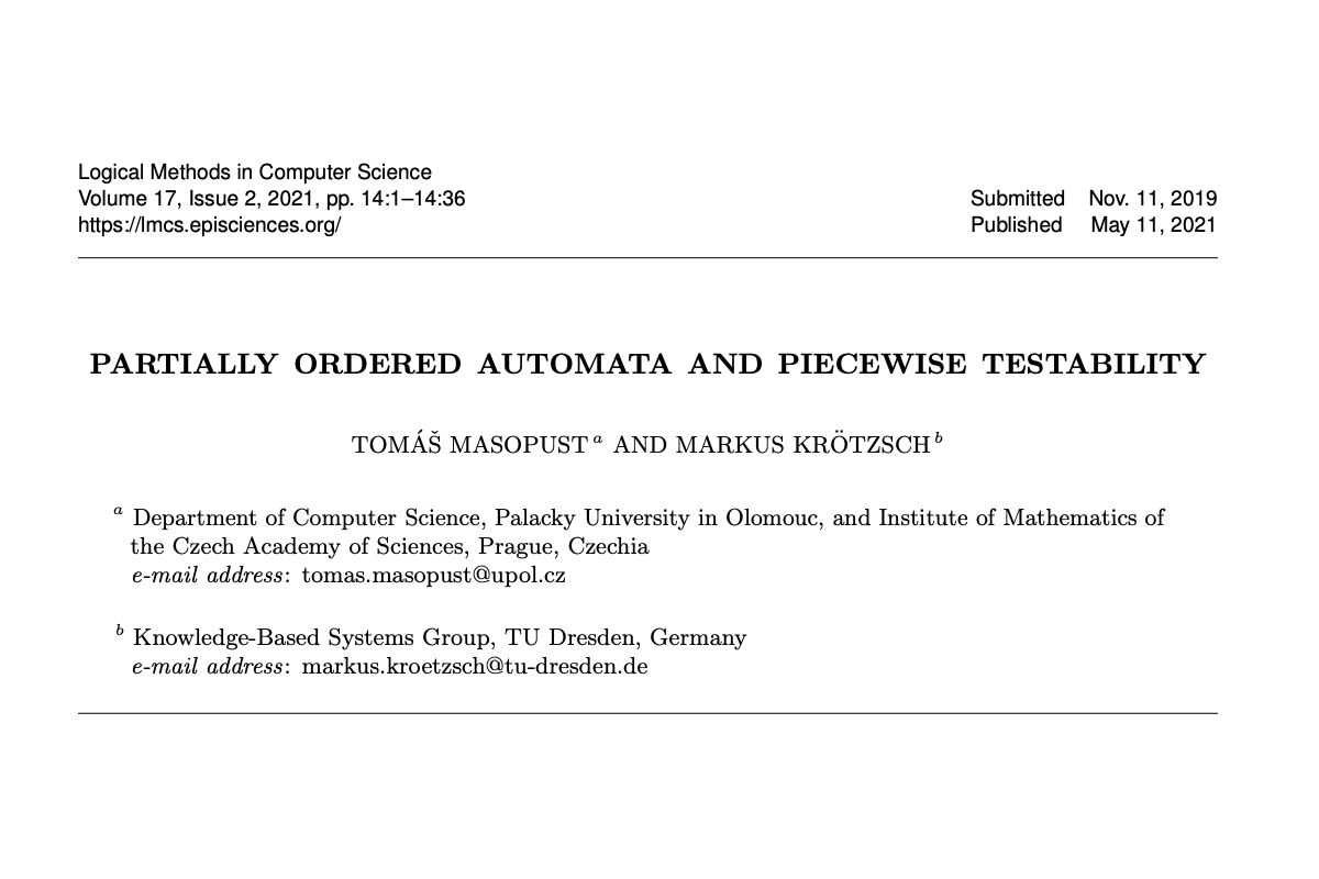 Renomovaný časopis Logical Methods in Computer Science publikoval práci člena katedry informatiky