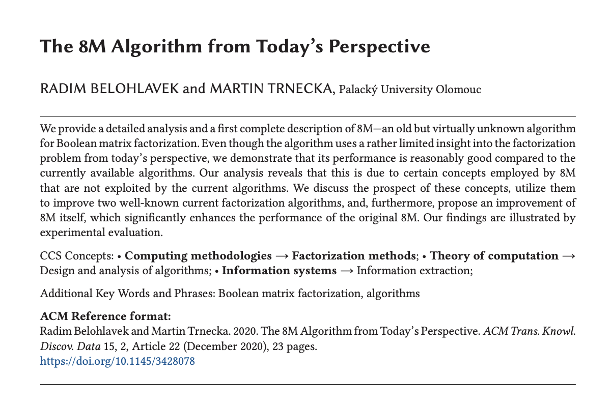 Prestižní časopis ACM Transactions on Knowledge Discovery from Data zveřejnil práci členů katedry informatiky